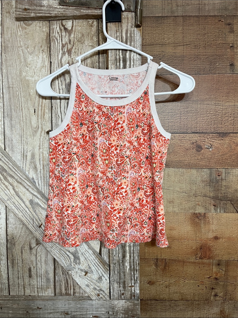 Girls' Coral Paisley Tank Top with White Trim